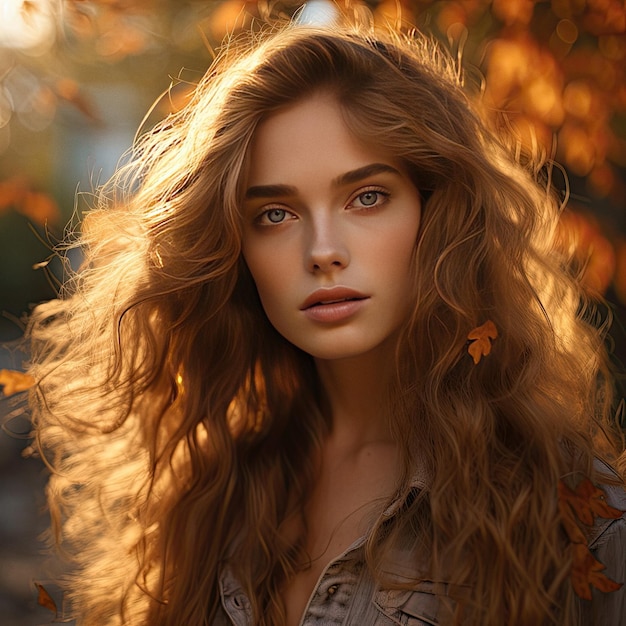 Beautiful woman on a fall day at golden hour cinematic close up portrait