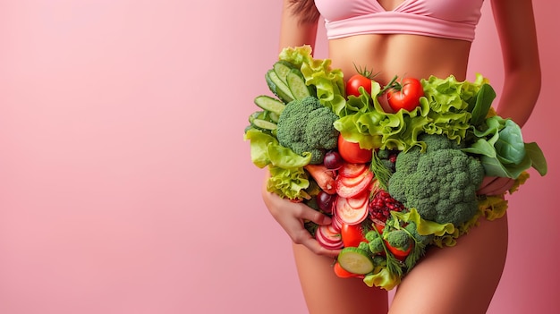 Beautiful woman fit and health wearing an outfit made from various vegetables pastel pink background concept about eating healthy