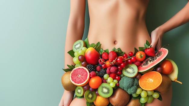 A beautiful woman fit and healthy fair skin focus on her hips and abdomen stading and wearing an outfit made from various fruits light pastel green smooth background