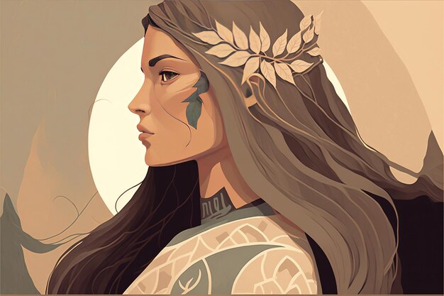 Beautiful woman Flat design illustration muted and earthy colors harmony and balance Generative AI