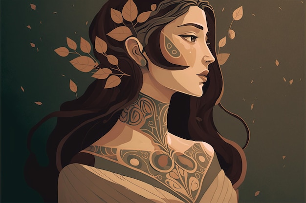 Beautiful woman Flat design illustration muted and earthy colors harmony and balance Generative AI