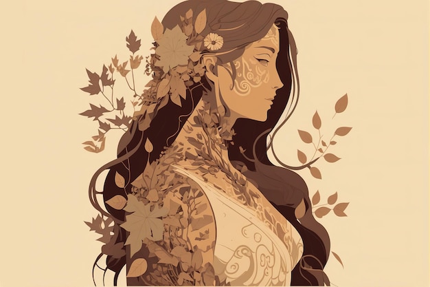 Beautiful woman Flat design illustration muted and earthy colors harmony and balance Generative AI