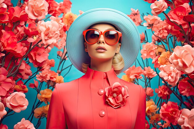 Beautiful woman in flowers meet spring in style advertising fashion trends