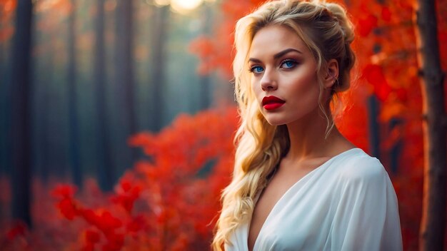 Beautiful Woman Forest Blue Eyes Autumn Vibes Red Lips Generated by AI