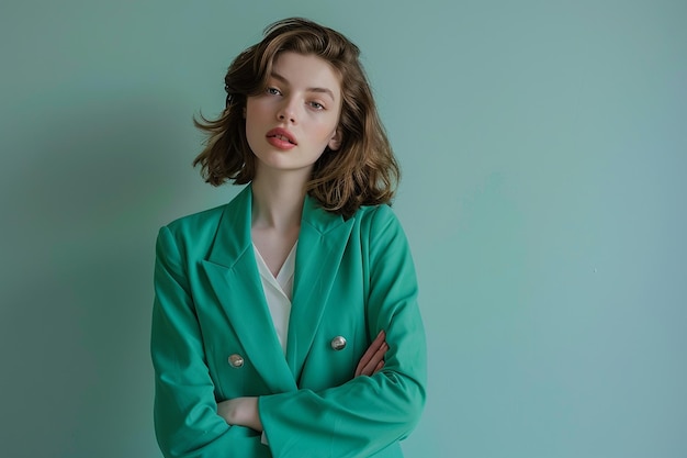 Beautiful woman in forest green blazer studio with light mint backdrop focusing on contemporary fashion and lifestyle portrait