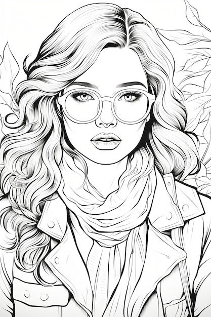 Beautiful woman in glasses black and white coloring page for children and adults