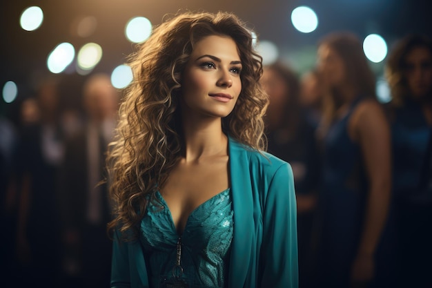 A beautiful woman in a green dress stands against the backdrop of a group of people at a gala reception