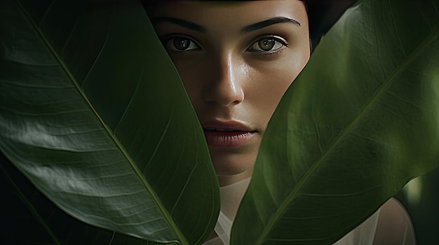 Photo beautiful woman and green leaves organic concept ai generated