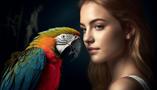 A beautiful woman and her colorful macaw generated by AI