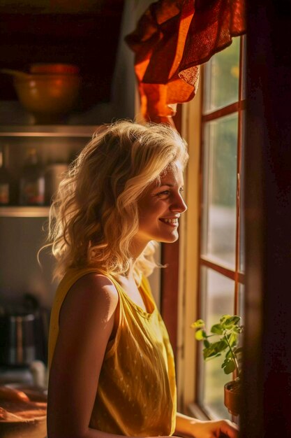 Photo beautiful woman in her country kitchen rural atmosphere generative ai