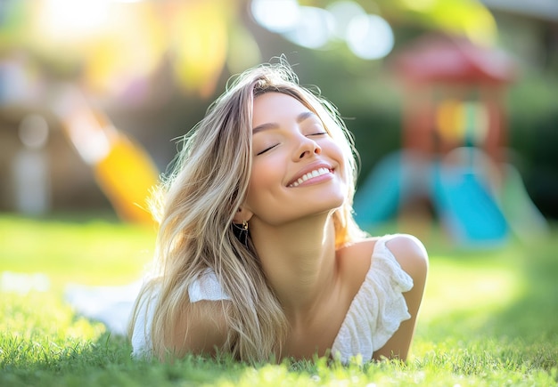 Photo beautiful woman in her thirties wearing white and lying on the grass with an outdoor playground