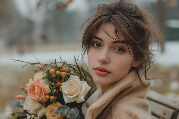 Beautiful Woman Holding a Bouquet of Flowers