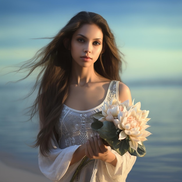 A beautiful woman holding a bouquet of lotus flowers at the beach