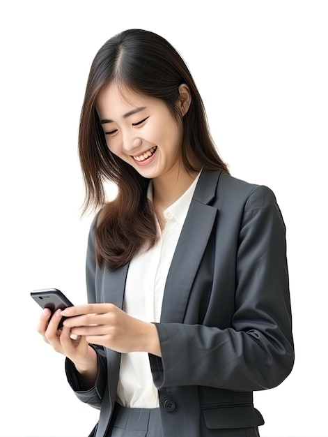 Beautiful woman holding cell phone on white background Generative AI