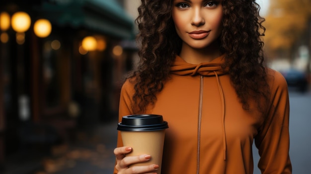 Beautiful woman holding a cup of coffee on the street