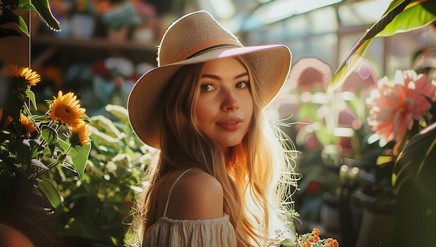 A beautiful woman holding a flower smiling confident outdoors with a natural beauty generated by artificial intelligence