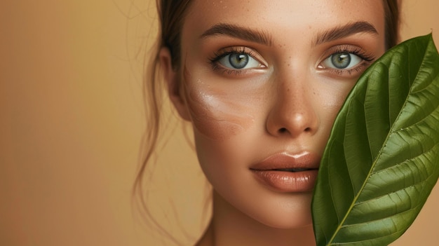 Photo beautiful woman holding a green leaf to her face soft natural lighting highlights her radiant skin this image promotes beauty and nature perfect for lifestyle and wellness themes ai