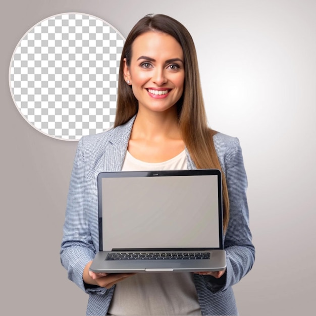 A beautiful woman holding a laptop on transparent background