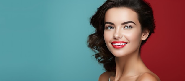 Beautiful woman holding red lipstick