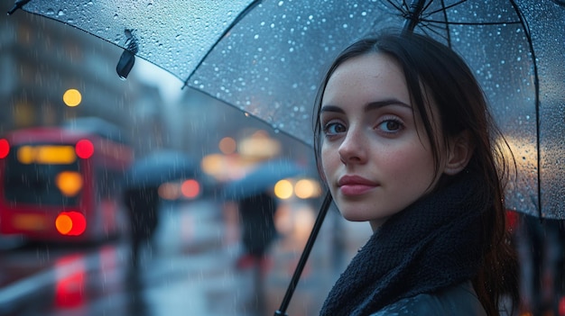 Photo beautiful woman holding umbrella standing on street raining season