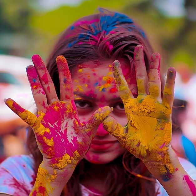 Beautiful Woman at Holi party festival with colorful powder or paint on face