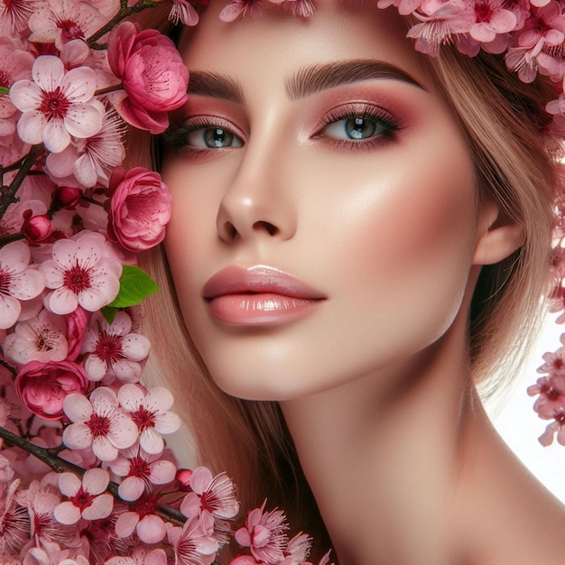 Beautiful woman integrated with blooming pink colours flowers Blossoming time concept