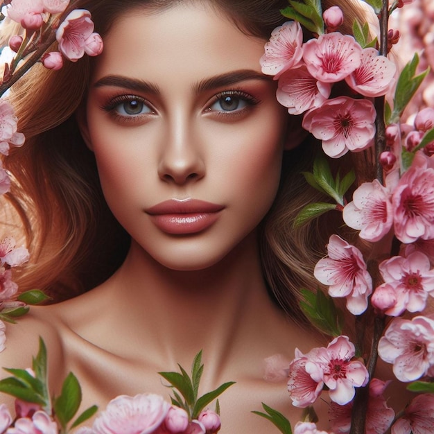 Beautiful woman integrated with blooming pink colours flowers Blossoming time concept