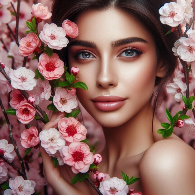 Beautiful woman integrated with blooming pink colours flowers Blossoming time concept