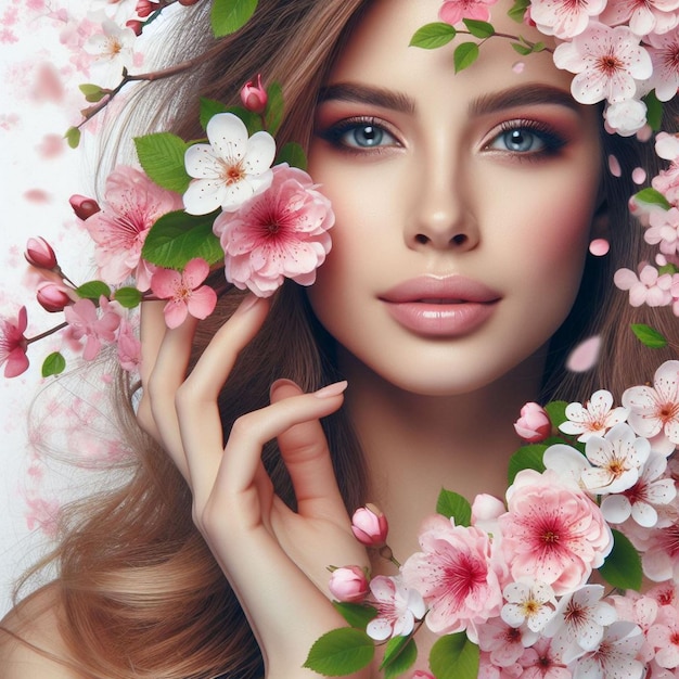 Beautiful woman integrated with blooming pink colours flowers Blossoming time concept