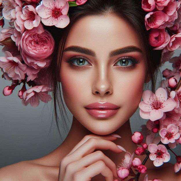 Beautiful woman integrated with blooming pink colours flowers Blossoming time concept