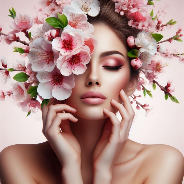 Beautiful woman integrated with blooming pink colours flowers Blossoming time concept