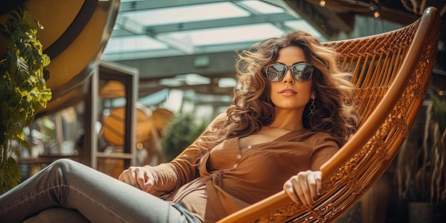 a beautiful woman is lounging in an outdoor wooden chair in the style of social media portraiture