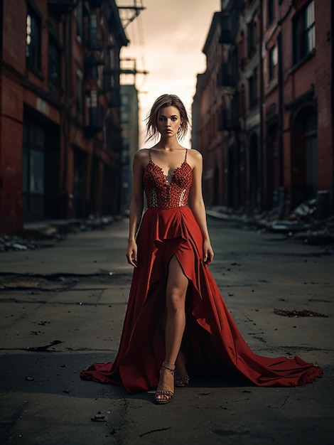 A beautiful woman is modeling in a red dress