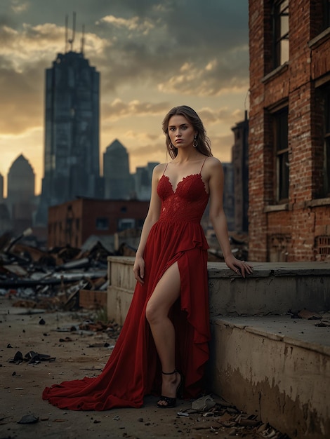 A beautiful woman is modeling in a red dress