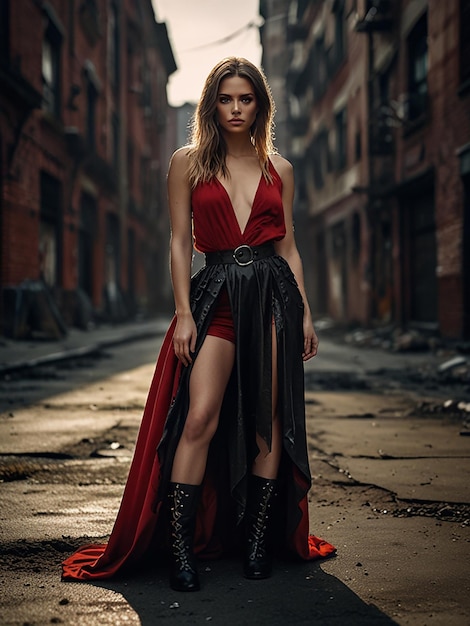 A beautiful woman is modeling in a red dress