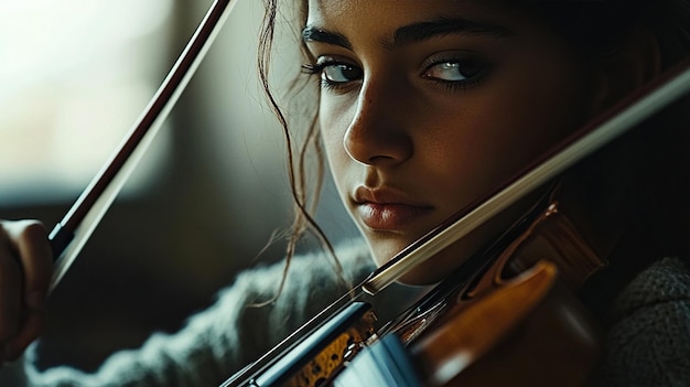 Photo beautiful woman is playing the violin classic under cinematic lights with a black background