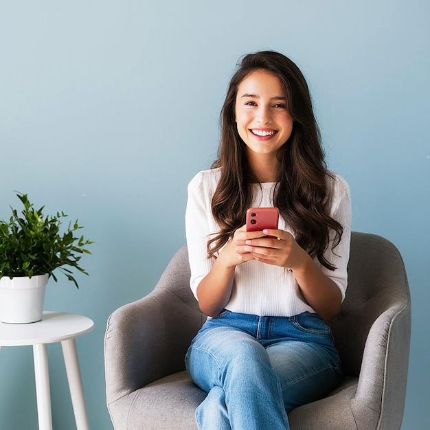 Beautiful woman is sitting in a armchair with using a phone in her hand