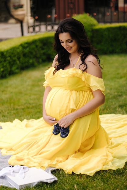 Beautiful woman is sitting on a plaid on the grass elegant pregnant woman waiting for baby future