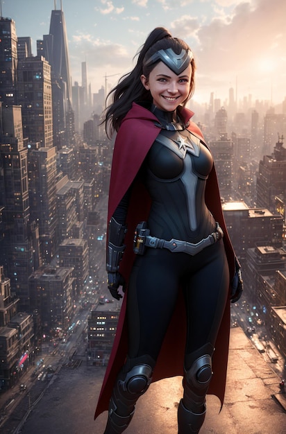 A beautiful woman is a superhero against background of city at sunset Generative AI