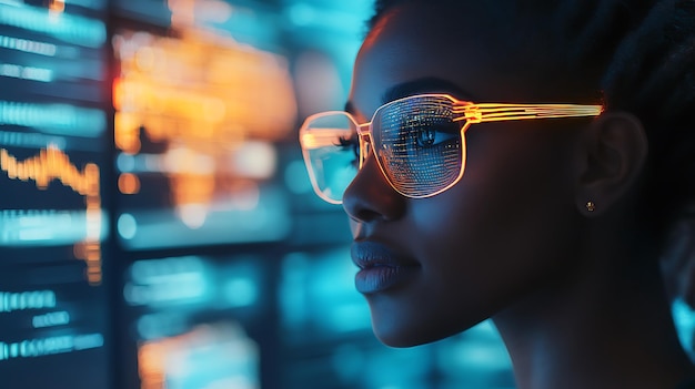 a beautiful woman is wearing glasses and has a serious expression on her face