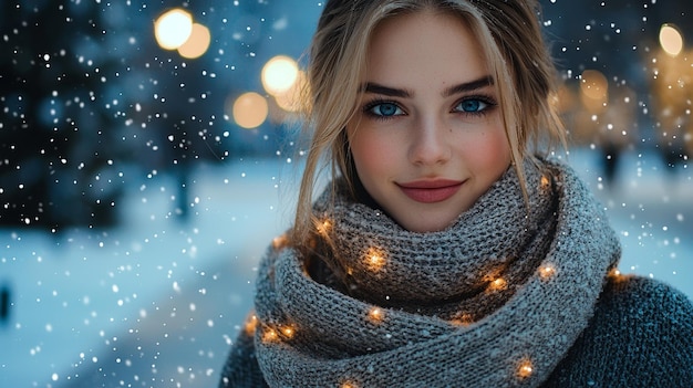 Beautiful Woman in a Knitted Scarf with Christmas Lights in the Snow