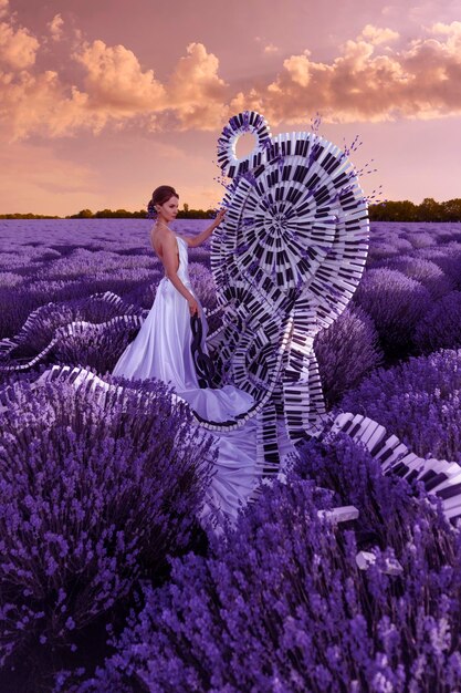 Photo beautiful woman in lavender field with treble clef and piano throne