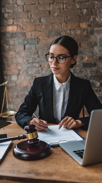 Beautiful woman lawyer working and gavel tablet and laptop in front advice justice and law concept