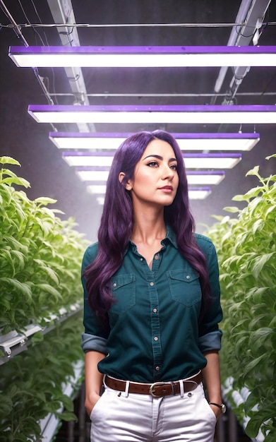 Beautiful woman at LED vertical farming plant generative AI