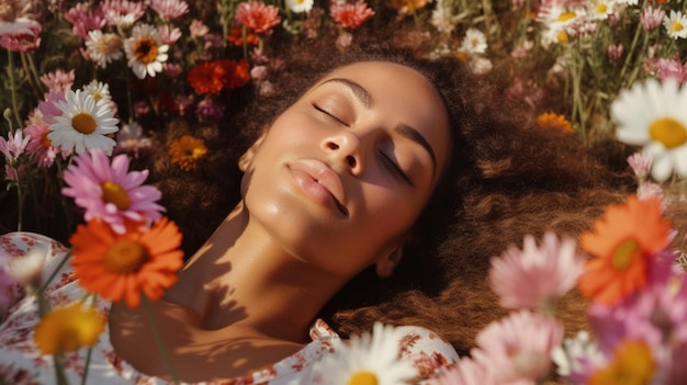 a Beautiful woman lies in a field of flowers