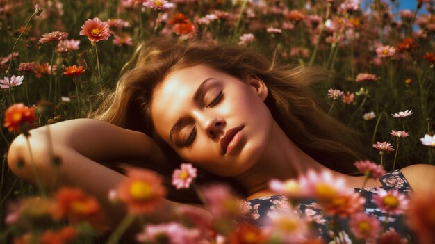 a Beautiful woman lies in a field of flowers