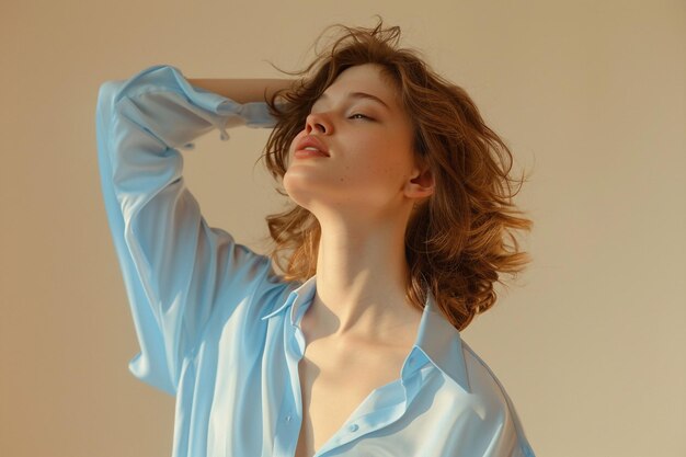 Beautiful woman in a light blue long sleeve shirt posed in a studio with a warm beige background Showcases a clean modern fashion look with a stylish lifestyle