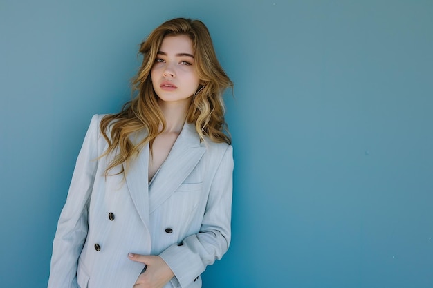 Beautiful woman in Light Gray Blazer with Cool Blue background Highlighting Elegant Fashion Choices