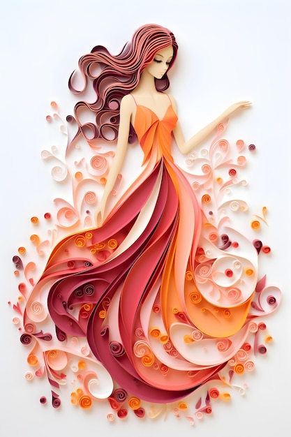 Beautiful woman in a long ball gown dynamic pose colorful quilled paper on a white background