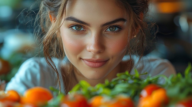 Photo beautiful woman looking over fresh produce